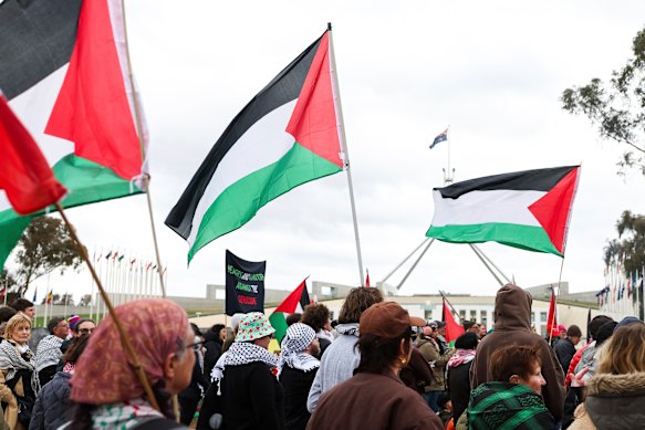 Pro-Palestine protesters outside Parliament House in Canberra on the first day of the new parliament.