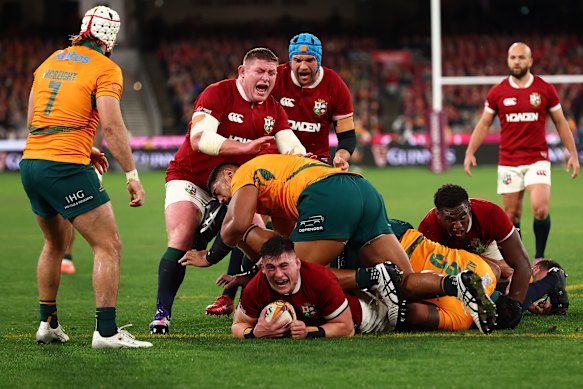 Dan Sheehan of the British and Irish Lions scores.