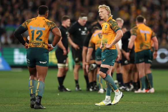 Carter Gordon in action for the Wallabies in 2023 in the Bledisloe Cup.