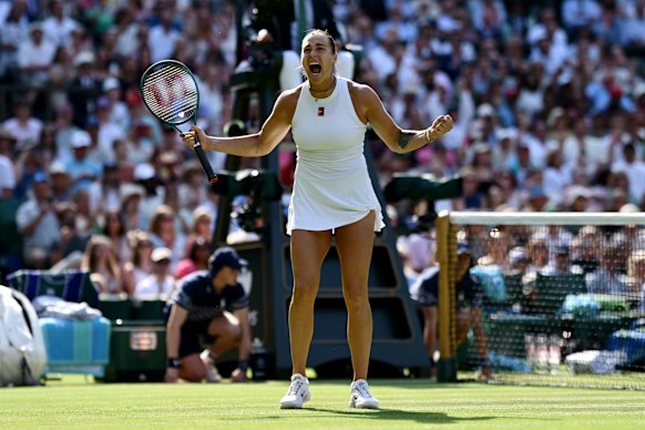 Aryna Sabalenka celebrates her tough quarter-final win over Germany’s Laura Siegemund.