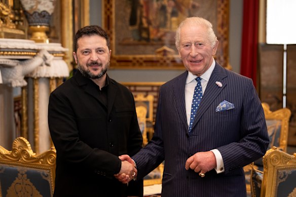 Zelensky meets with King Charles at Buckingham Palace.