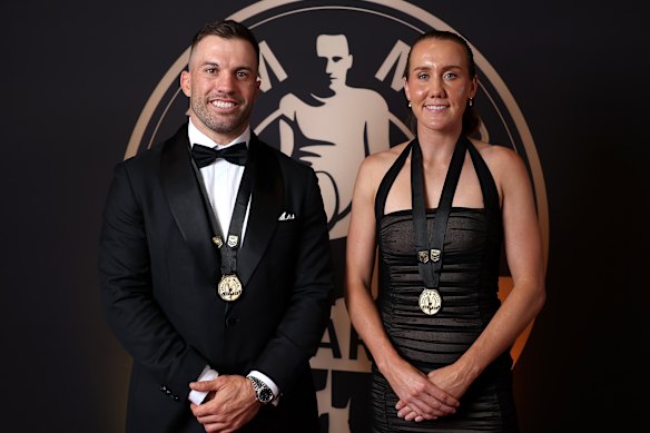 James Tedesco of the Sydney Roosters and Tamika Upton of the Brisbane Broncos pose with their Dally M Medals.