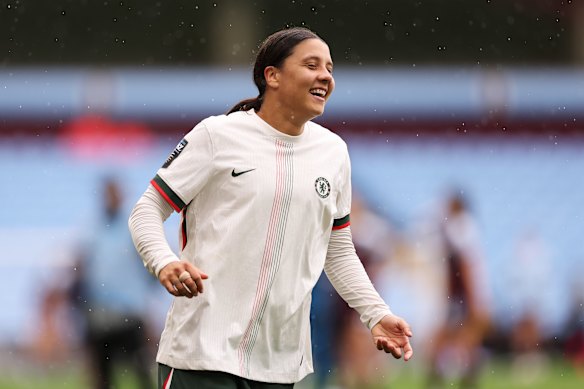 Sam Kerr celebrates after the team’s victory against Aston Villa.