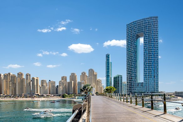The pedestrian bridge to Bluewaters Island from JBR and the hotel.