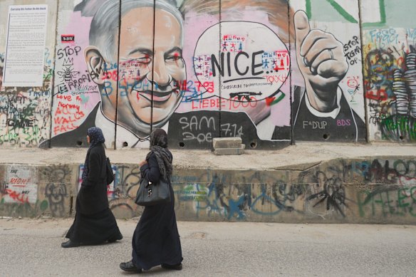 Political and social murals pained on the Israeli West Bank barrier in Bethlehem.