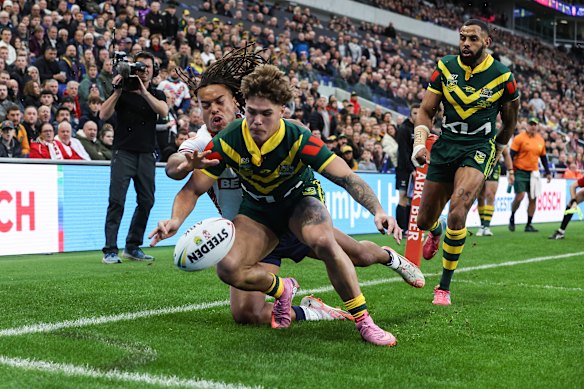 Australia fullback Reece Walsh ensures England winger Dominic Young can’t get passed in on the way to the try line  at Hill Dickinson Stadium.