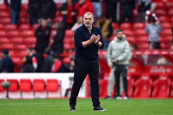 Ange Postecoglou applauds Nottingham Forest fans following the team’s defeat against Chelsea.