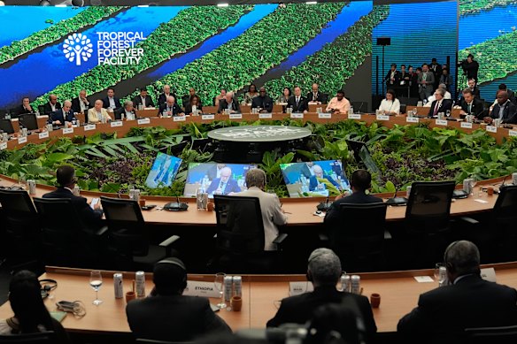 Brazil’s President Luiz Inacio Lula da Silva speaks during a roundtable with leaders of tropical forest countries during the COP30 summit.