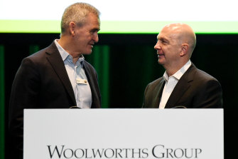 Woolworths chief executive Brad Banducci and chairman Gordon Cairns fronted a grilling on underpayments at Monday's AGM.