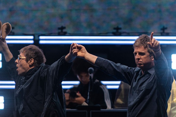 Liam and Noel Gallagher during the first Oasis show at Melbourne’s Marvel Stadium.