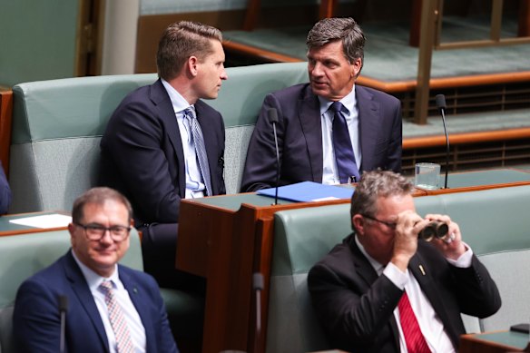 Andrew Hastie and Angus Taylor in the House of Representatives on Tuesday.