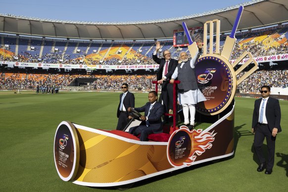 Anthony Albanese on a chariot with his Indian counterpart, Narendra Modi, before the fourth cricket Test between their nations in Ahmedabad in March 2023.