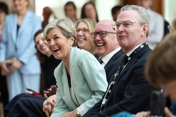 Former ministers in the Turnbull cabinet (from left) Julie Bishop, George Brandis and Christopher Pyne at the unveiling of the Turnbull portrait. 