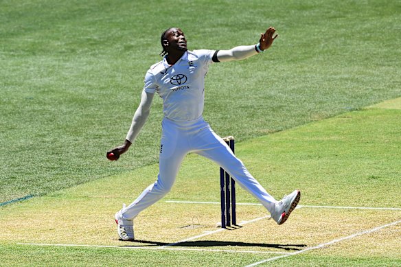 Jofra Archer of England bowls during day one.