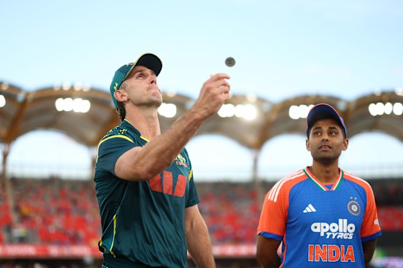 Mitchell Marsh of Australia and Suryakumar Yadav of India during the coin toss.