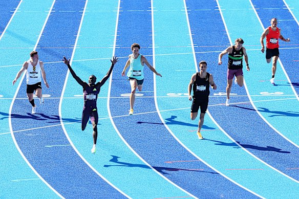 Gout Gout of Queensland celebrates breaking the World Junior Record and Australian Record and a PB to win the Men’s 200m final in 19.67 seconds during the 2026 Australian Athletics Championships at Sydney Olympic Park Athletic Centre on April 12, 2026 in Sydney, Australia. 