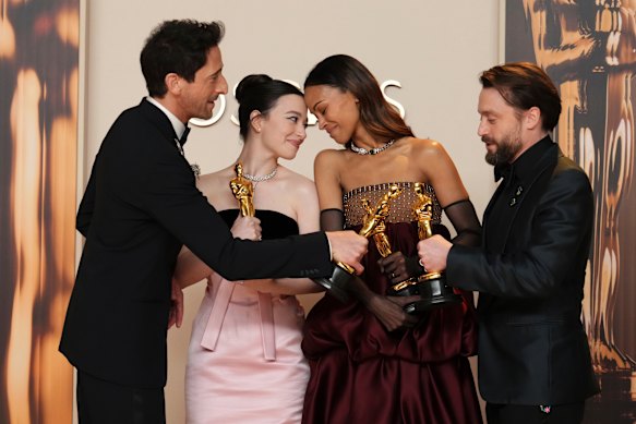 Oscar winners (from left) Adrien Brody (best actor, The Brutalist,) Mikey Madison (best actress, Anora), Zoe Saldana, (best supporting actress, Emilia Perez) and Kieran Culkin (best supporting actor, A Real Pain).