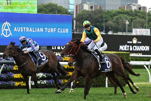 Chad Schofield celebrates winning the King Charles III Stakes at Randwick on Ceolwulf.