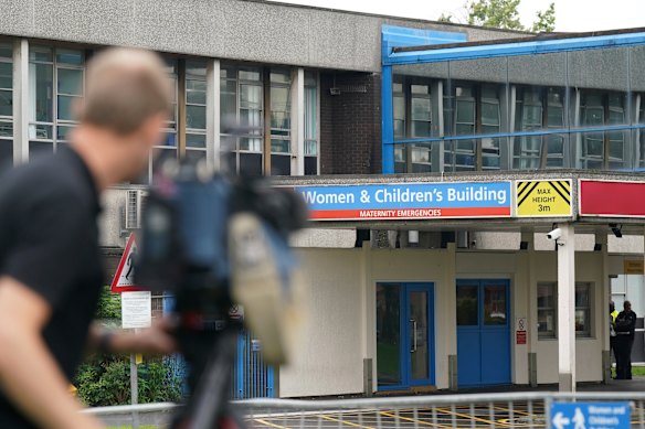 Members of the media outside the Countess of Chester Hospital in Chester, England, in 2023.