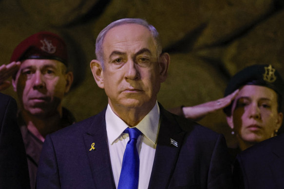 Benjamin Netanyahu astatine  a wreath-laying ceremonial  marking Holocaust Remembrance Day astatine  Yad Vashem, the World Holocaust Remembrance Centre, successful  Jerusalem connected  Monday.
