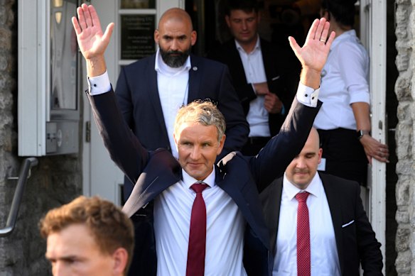 Björn Höcke, party and parliamentary group leader of the AfD in Thuringia, leaves the AfD election party.