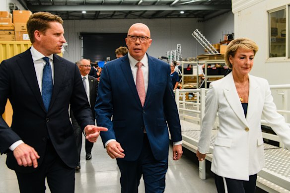 Peter Dutton with shadow defence spokesman Andrew Hastie and Liberal industrial relations spokeswoman Michaelia Cash in Perth on Wednesday.