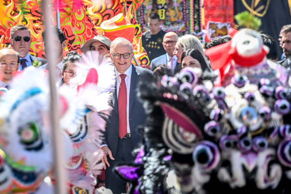 Prime Minister Anthony Albanese was flanked by dancing lions and a nipping snake as he joined the Lunar New Year festival and parade in Box Hill.
