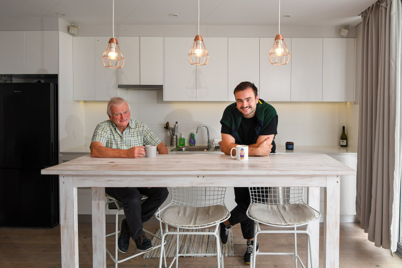 Michael Kidd and first-home buyer Josh Kidd in his recently purchased apartment in Sydney’s inner west.