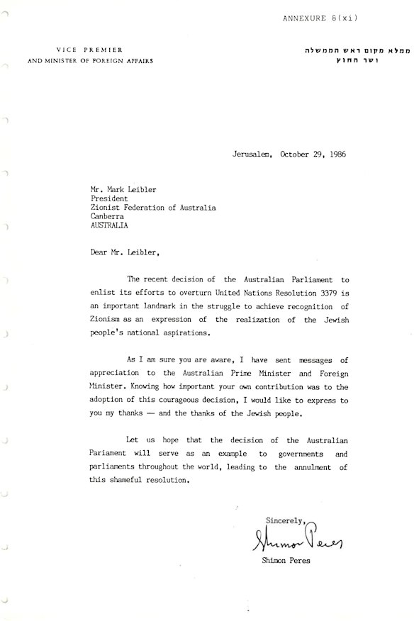 Letter from Shimon Peres to Mark Leibler.