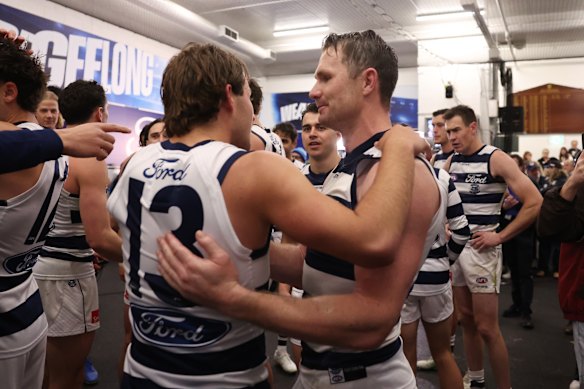 Jhye Clark (left) celebrates Geelong’s preliminary final win over Hawthorn with Patrick Dangerfield.