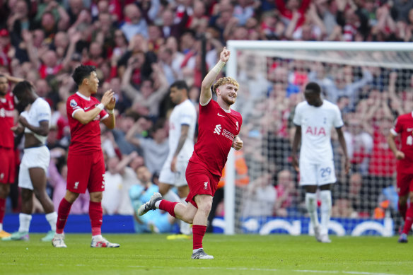 Harvey Elliott celebrates Liverpool’s 4th  goal.