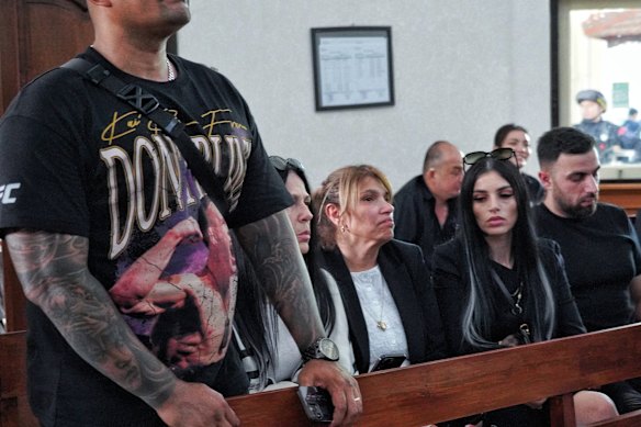 Jazmyn Gourdeas (second from right), the widow of Zivan Radmanovic, attended the Bali court supported by family for the trial of his accused killers.