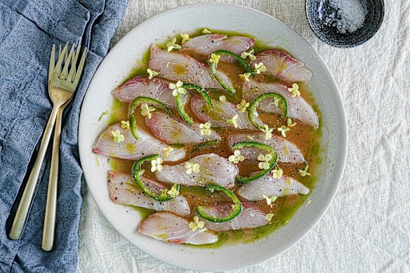 Kingfish crudo with citrus dressing. 