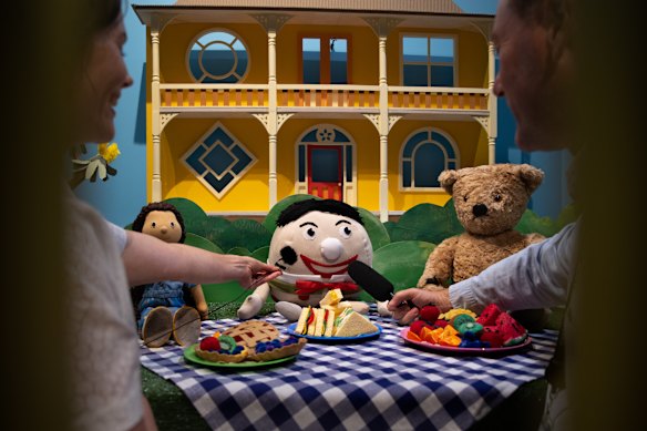 ABC TV show Play School celebrates 60 years at ACMI Federation Square. Humpty and Big Ted during a press conference.