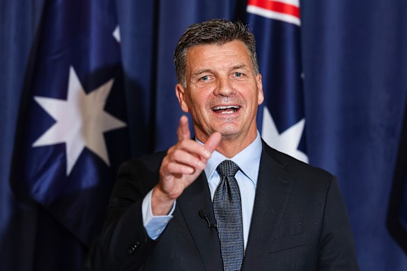New Liberal leader Angus Taylor during a press conference at Parliament House in Canberra.