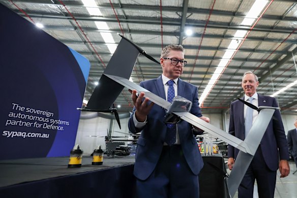 The Minister for Defence Industry, the Hon Pat Conroy MP at SYPAQ in Melbourne announcing a major investment into counter-drone capabilities. 