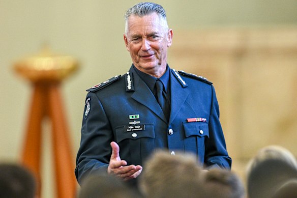 New chief commissioner Mike Bush addresses recruits at the Police Academy in Glen Waverley on Friday.