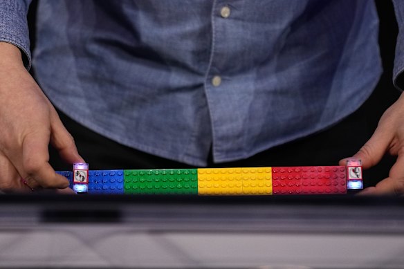 LEGO smart bricks are shown during a LEGO news conference ahead of the CES tech show.