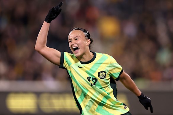 Amy Sayer celebrates scoring a goal during the International Friendly match between the Matildas and Argentina at GIO Stadium on June 2.