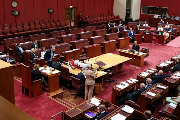 The Senate during a division on hate crime laws on Tuesday night. The Nationals senators, left of frame, remain in their seats to vote against the legislation.