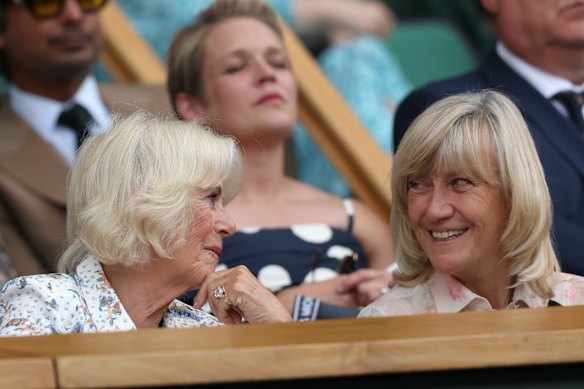 Queen Camilla speaks to All England club chair Debbie Jevans in the royal box at Wimbledon on Wednesday.