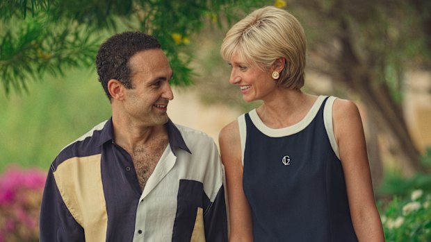 Khalid Abdalla as Dodi Fayed and Elizabeth Debicki as Princess Diana in The Crown.