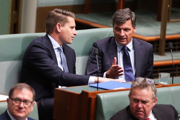 Andrew Hastie (left) and Angus Taylor speak in the House of Representatives.