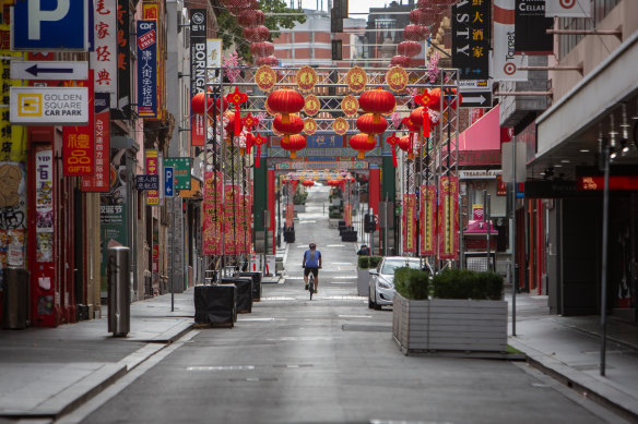 February 14, 2021. An almost empty Chinatown on Little Bourke Street during lockdown 3.0.