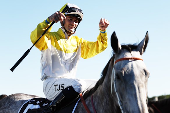 Tyler Schiller celebrates the win of Briasa in the TJ Smith Stakes.