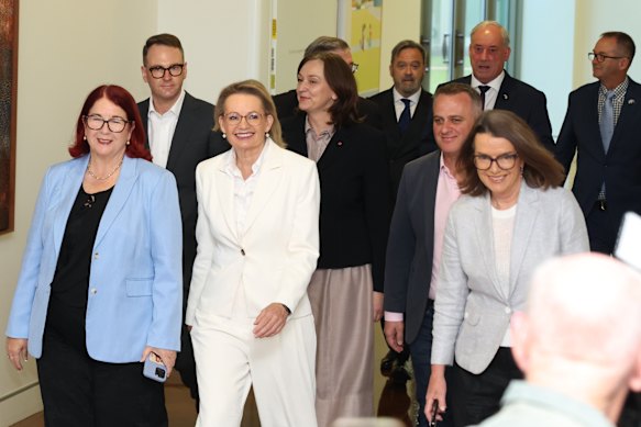 Ley arriving for the party room meeting with her backers. She received 17 votes in the leadership ballot. 