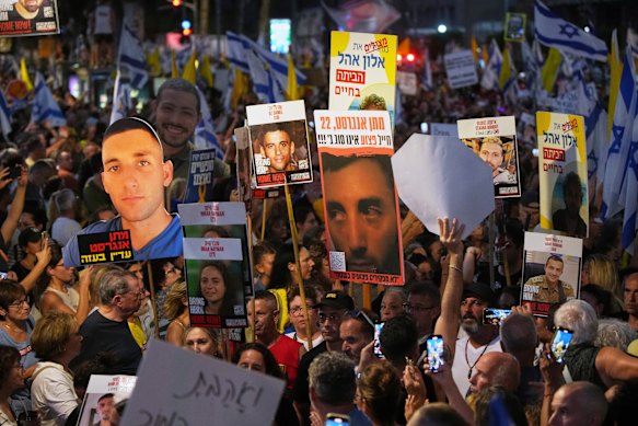 A protest in Tel Aviv on Sunday. Organisers said hundreds of thousands of people took part in demonstrations across Israel.