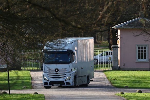 A removal truck seen this week leaving Andrew’s former home, the 30-room mansion Royal Lodge, in Windsor.