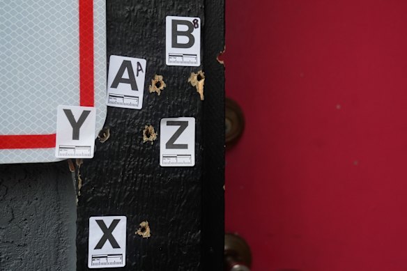 Bullet holes at the Stockton banquet hall where the party was taking place.