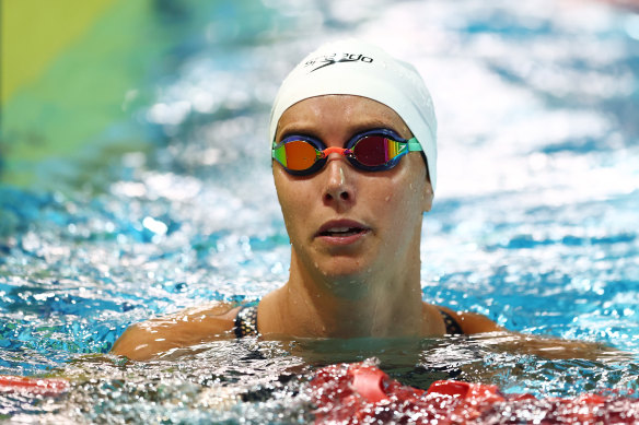 Emma McKeon aft  racing successful  the women’s 50m freestyle astatine  the Australian Open Swimming Championships this week. 